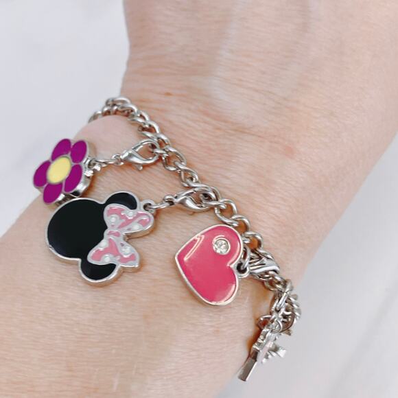 Minnie Mouse Disney Themed Charm Bracelet Silver Tone Pink Enamel VTG Y2K - Picture 13 of 14